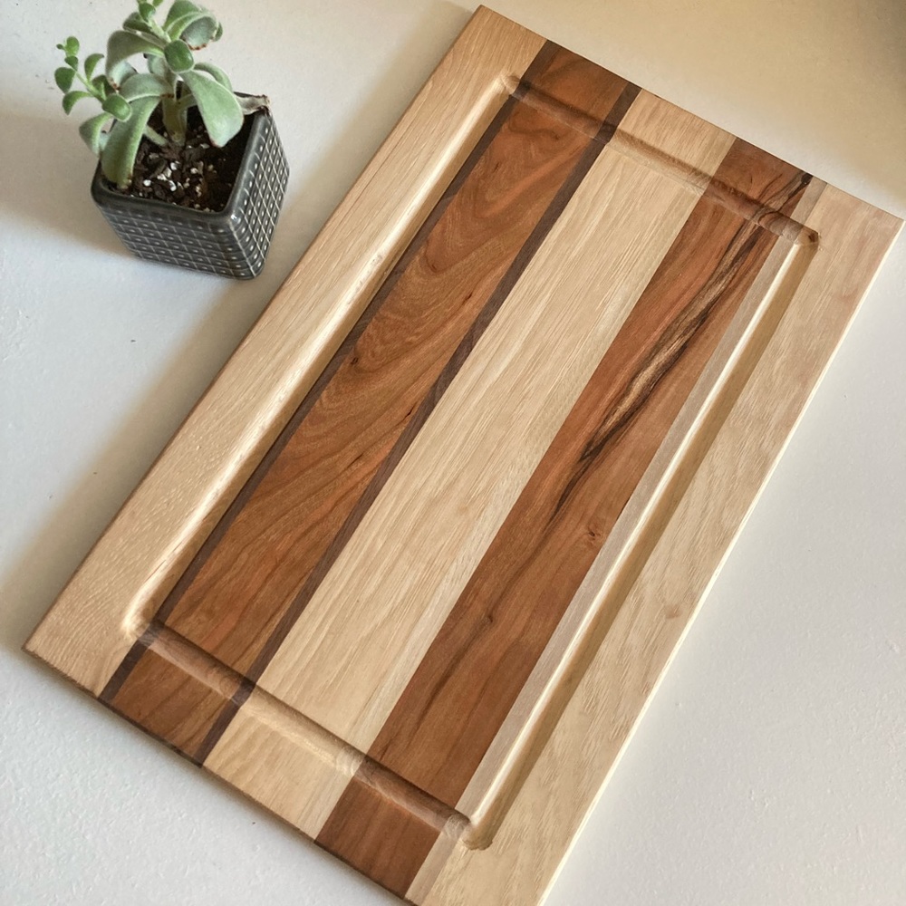 Handmade Hickory, Cherry & Walnut Cutting Board with Juice Grooves